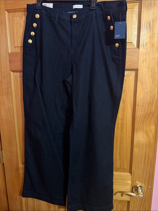 crown & ivy Denim - crown & ivy Black Wide-Leg Sailor Pants with Gold Buttons
